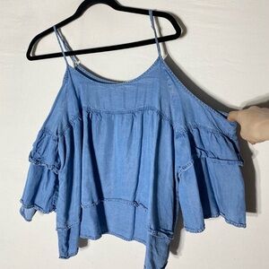 Kismet Blue Boho Ruffled Off Shoulder Tiered Crop Top L
